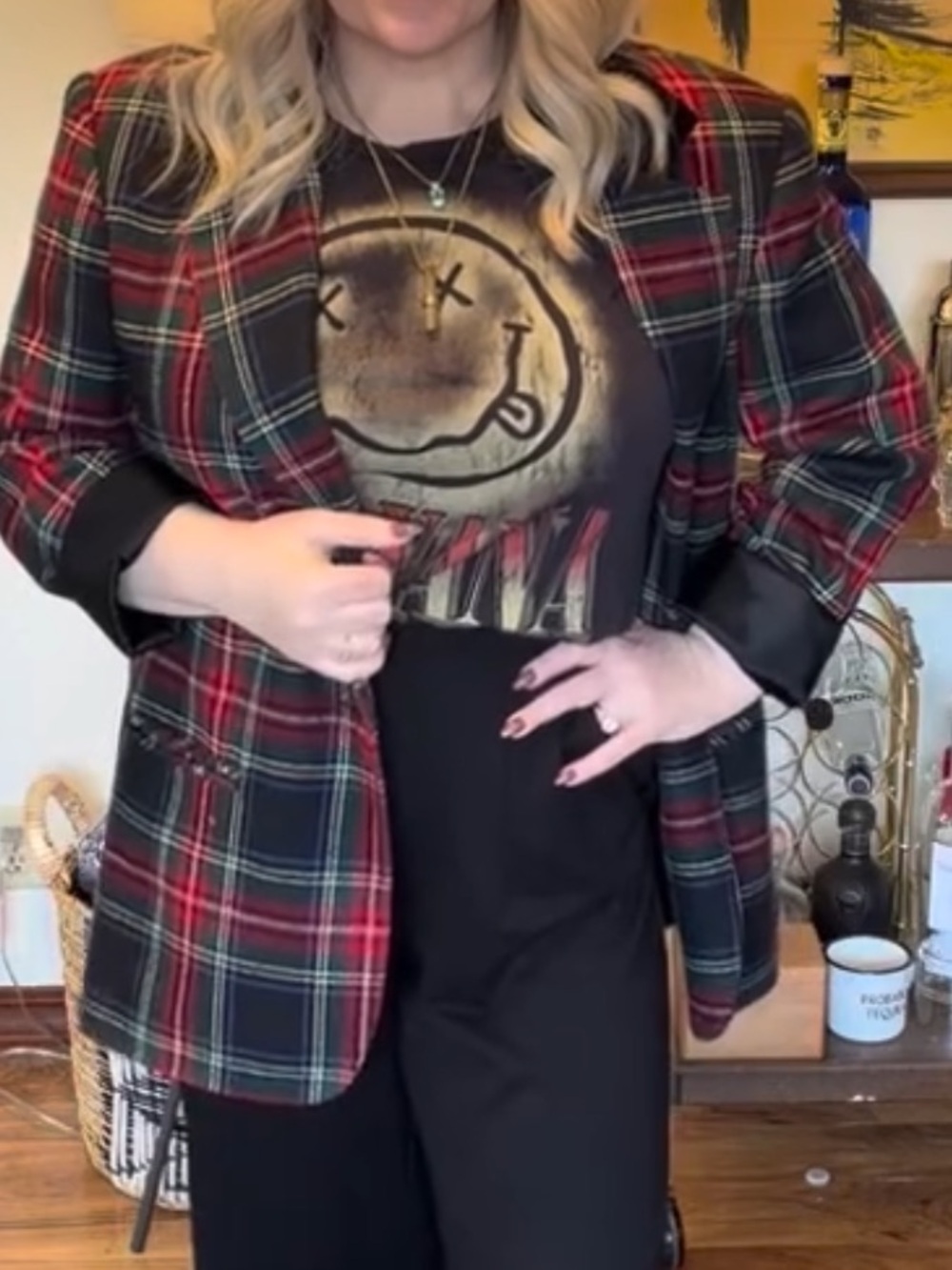 Plaid 90s vintage wool Blazer Black velvet Collar jacket XL tartan checks